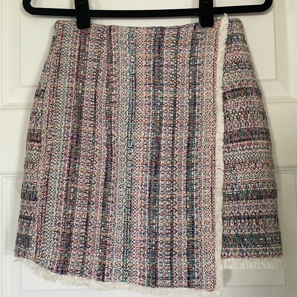 Anthropologie Hutch Pink Multicolor White Tweed Fringed Skirt, Size 2 - Picture 4 of 12